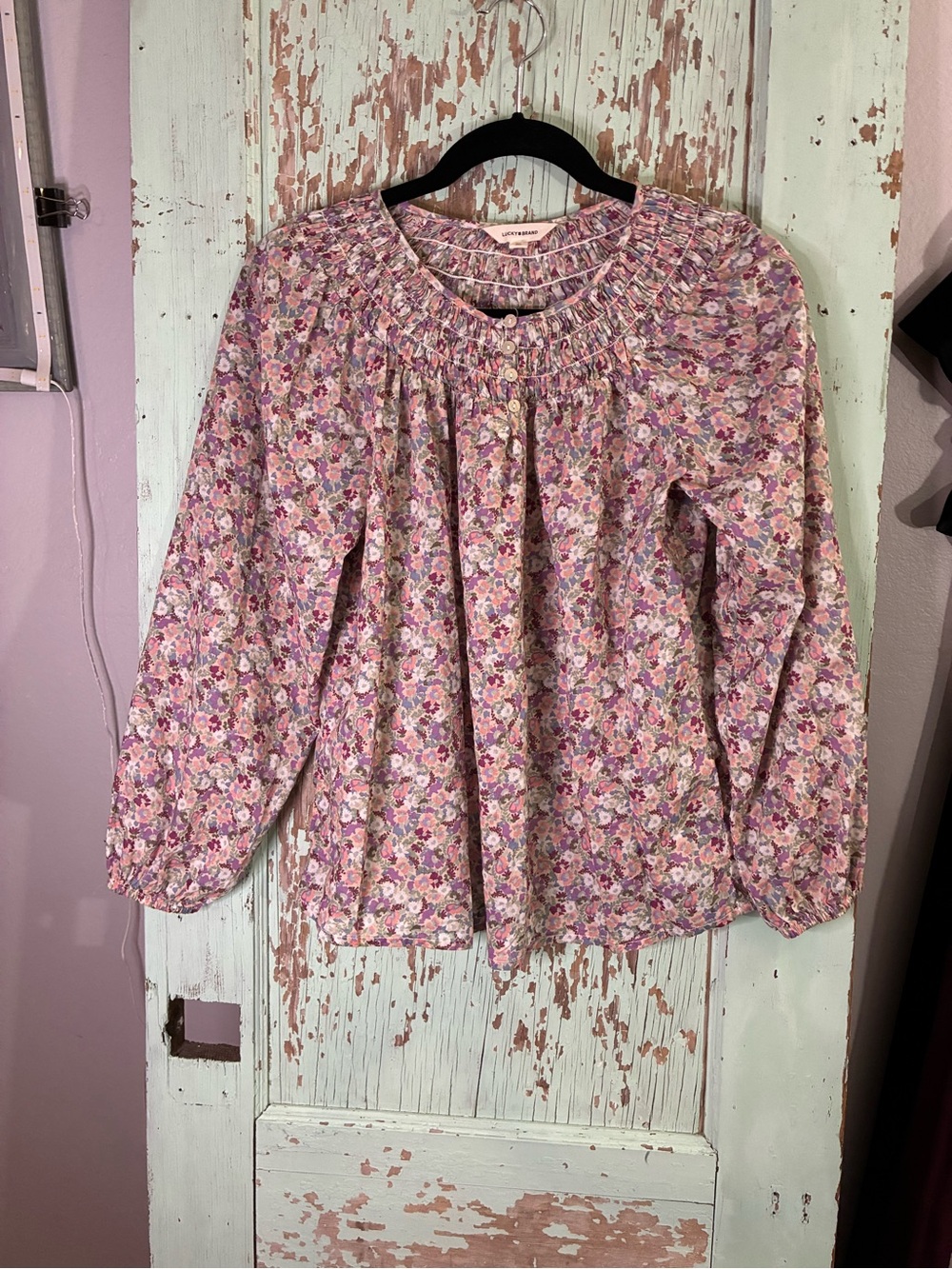 Lucky Brand Lavender Pink Floral Smocked Neck Blouse
